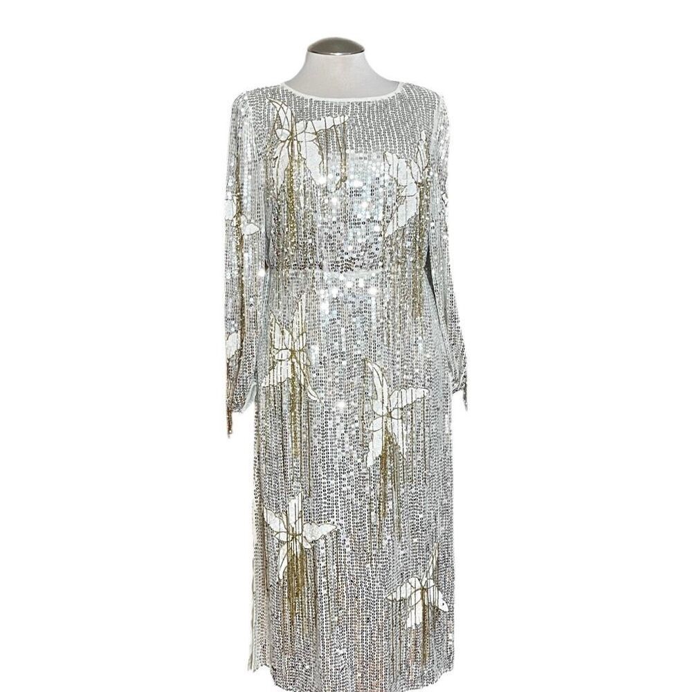 River Island London‎ Floral Sequin Fringe Long Sleeve MIDI Party Holiday Dresd - Picture 2 of 11